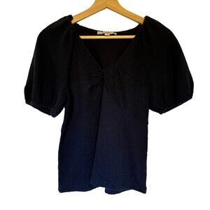 Ann Taylor LOFT cotton navy v-neck blouse puffed sleeves knot front women's S